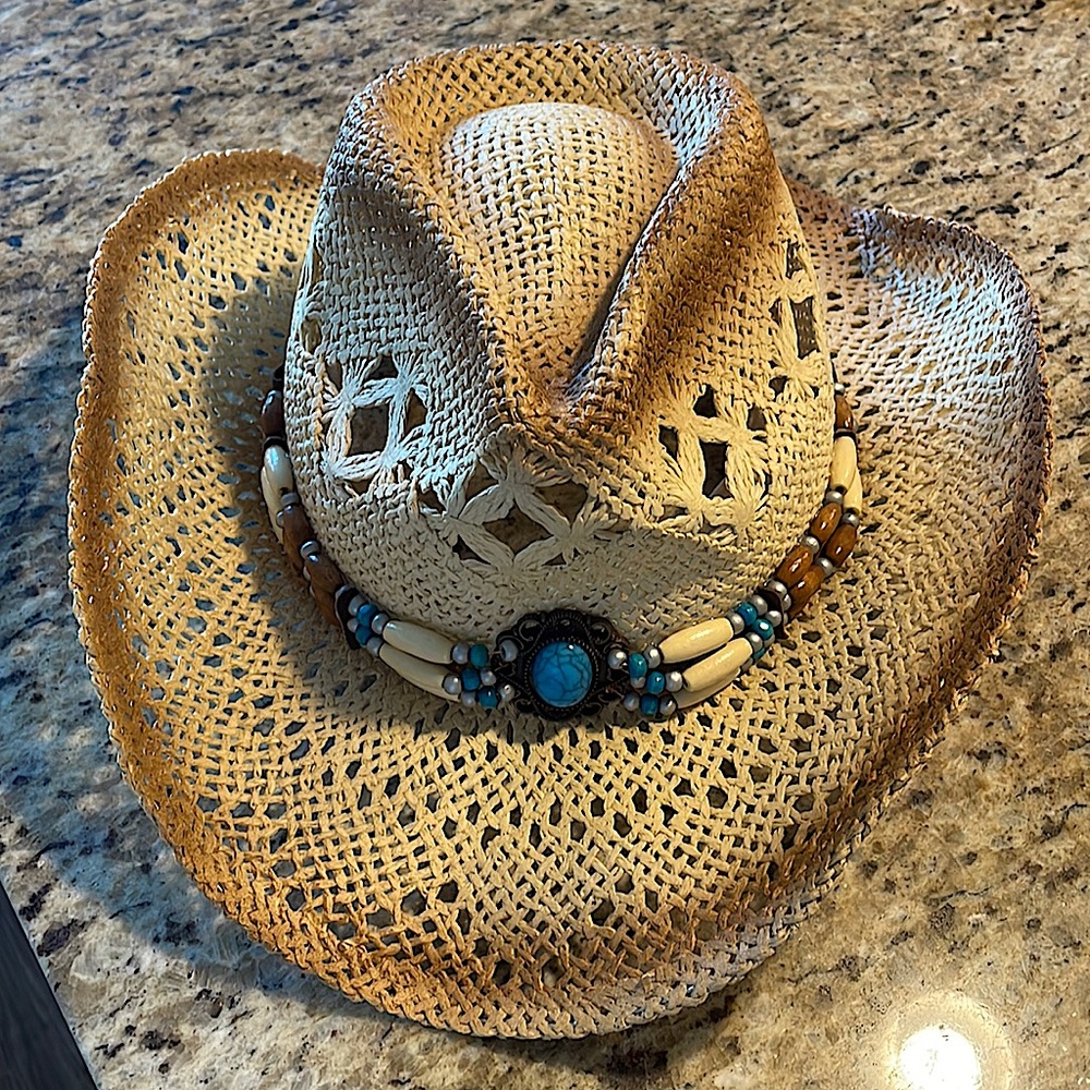 Woven Cowgirl Hat w Turquoise & Beaded Detailing